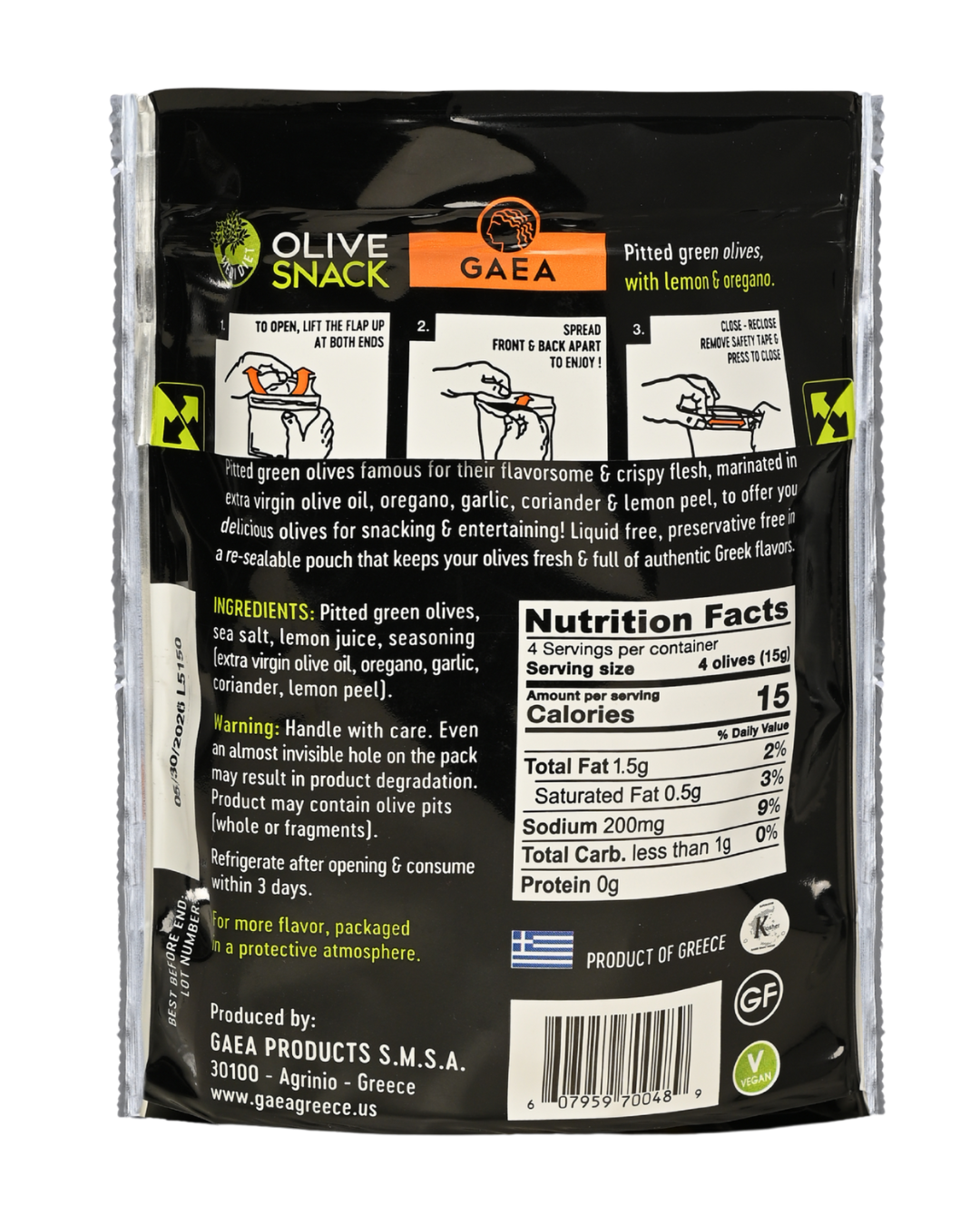 GAEA Pitted Greek Olives Marinated with Lemon & Oregano snack 2.3oz