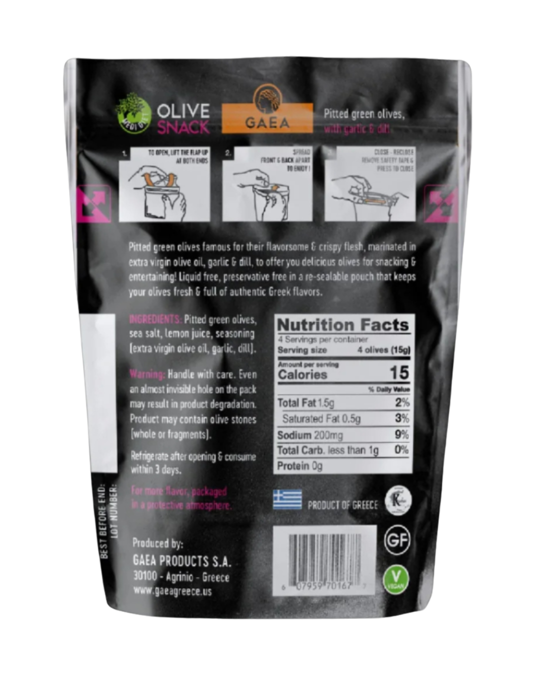 GAEA Pitted Green Olives Marinated with Garlic and Dill - 2.3 Oz
