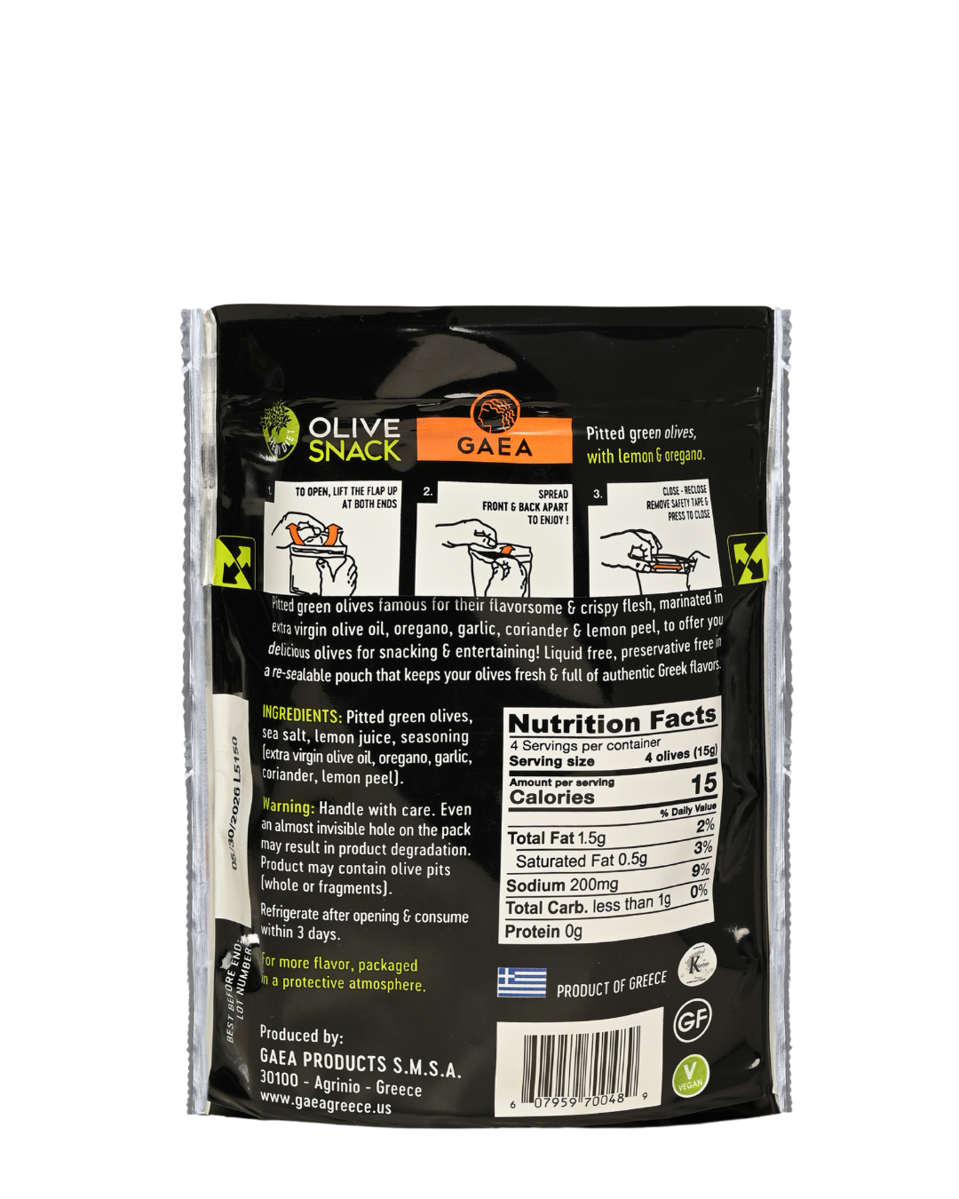 GAEA Pitted Greek Olives Marinated with Lemon & Oregano snack 1 oz