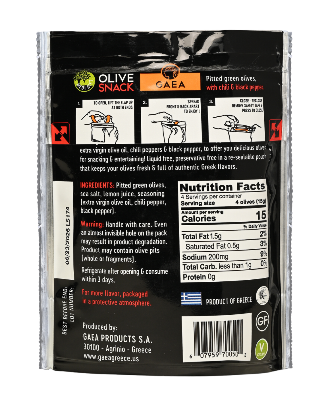 GAEA Green Olives Marinated with Chili & Pepper snack 2.3oz