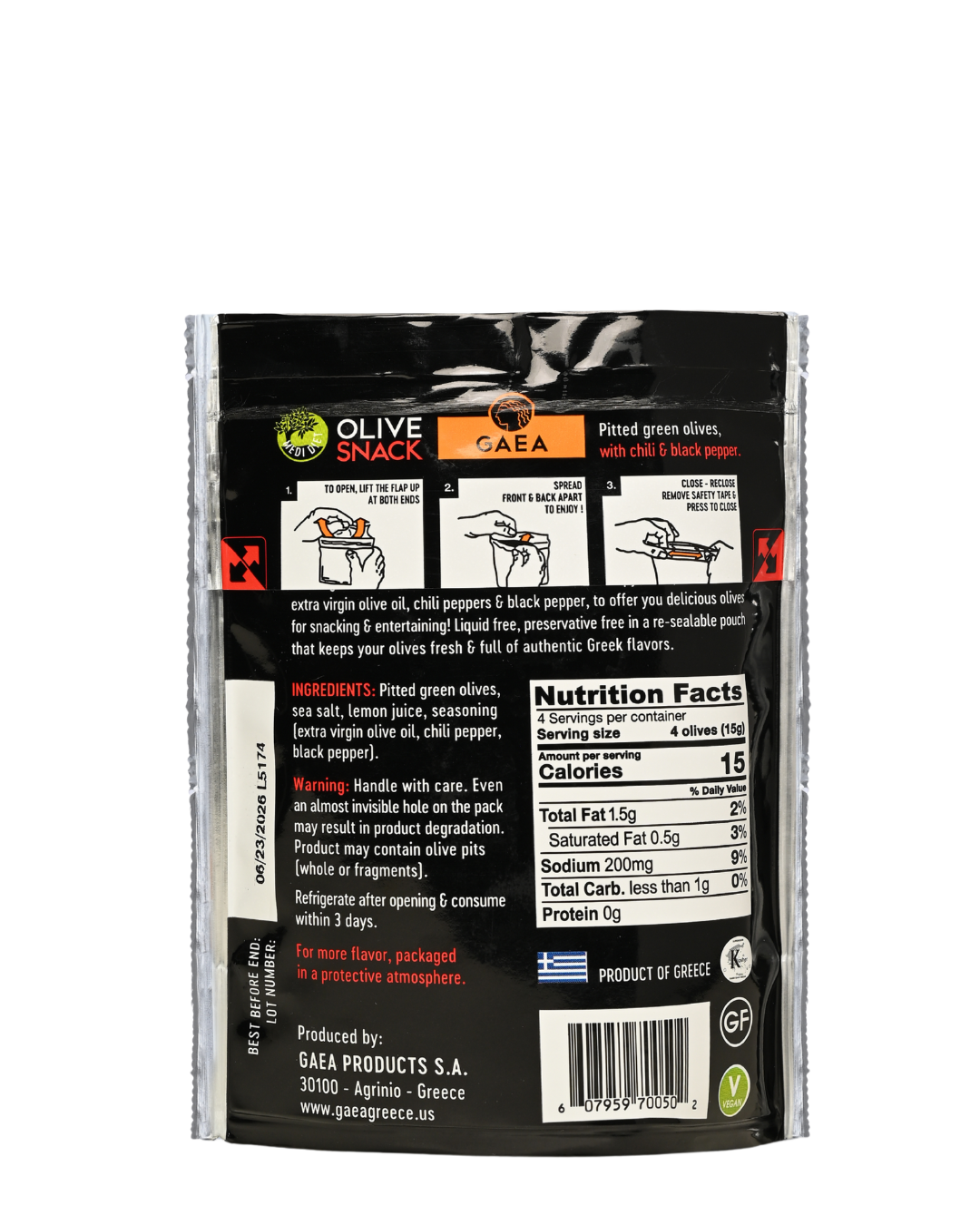 GAEA Green Olives Marinated with Chili & Pepper snack 1oz