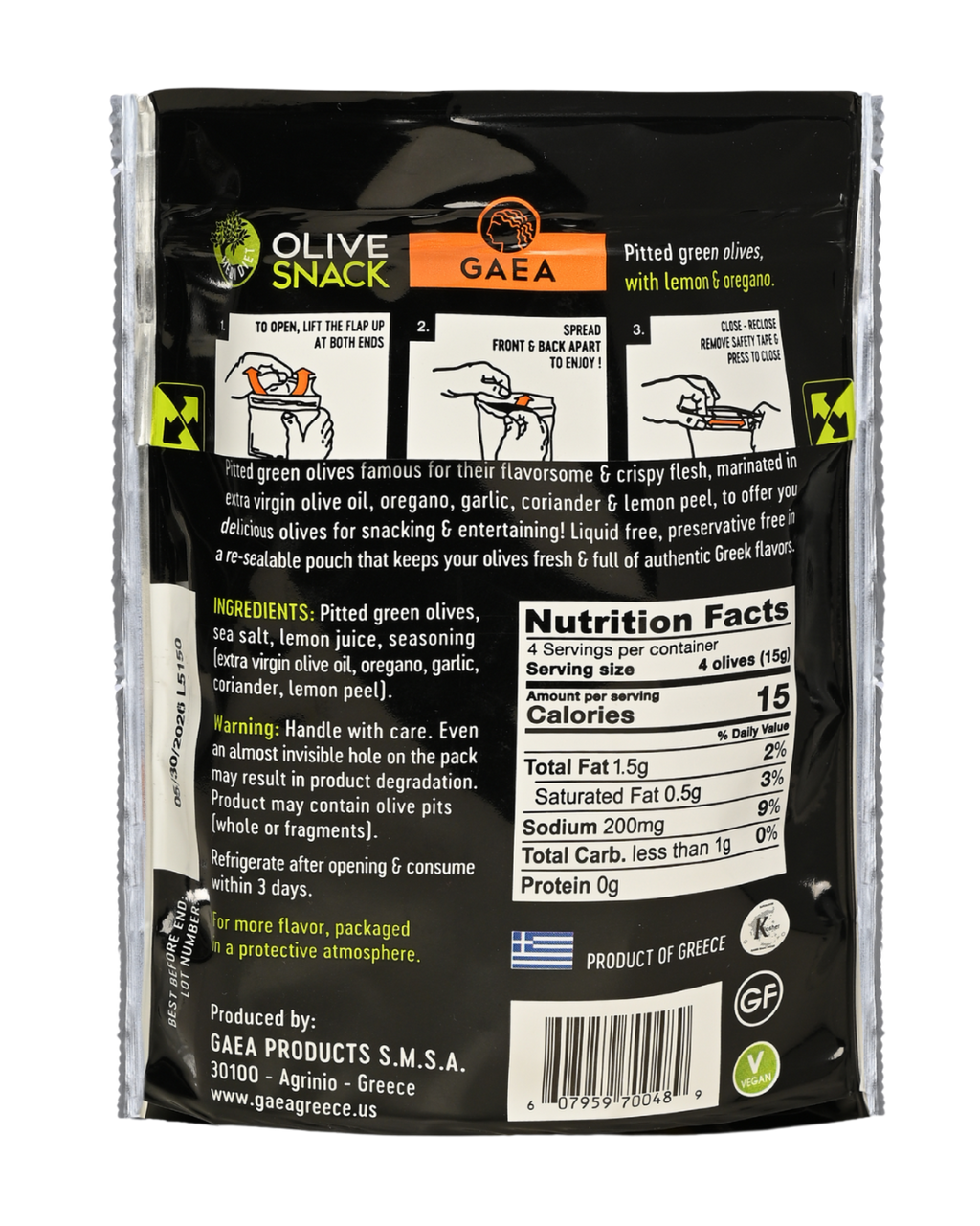 GAEA Pitted Greek Olives Marinated with Lemon & Oregano snack 2.3oz