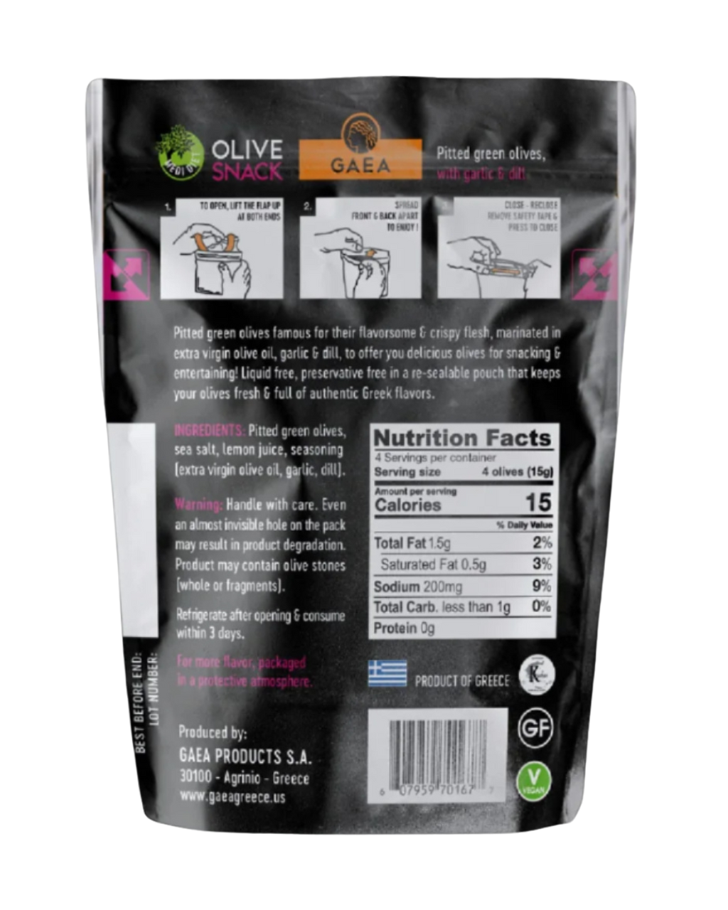 GAEA Pitted Green Olives Marinated with Garlic and Dill - 2.3 Oz