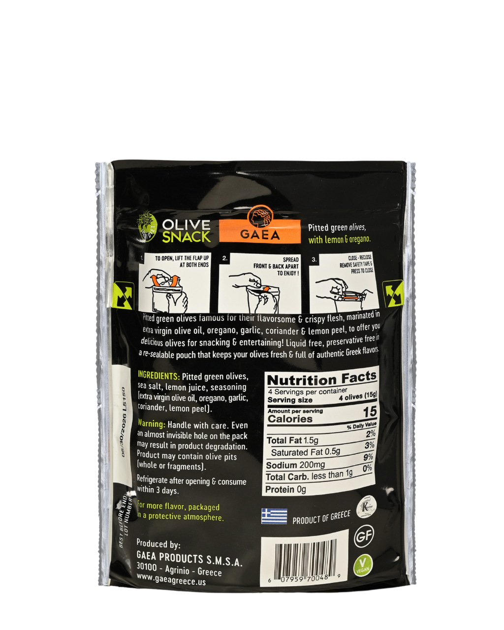 GAEA Pitted Greek Olives Marinated with Lemon & Oregano snack 1 oz