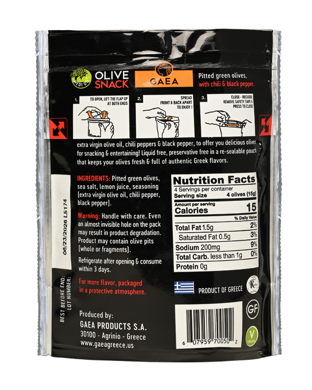 GAEA Green Olives Marinated with Chili & Pepper snack 2.3oz