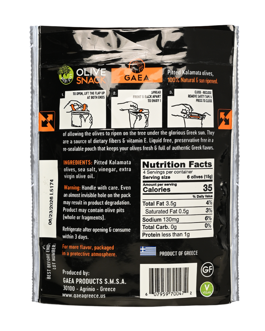 GAEA Pitted Kalamata olives 100% Natural and sun ripened 2.3oz