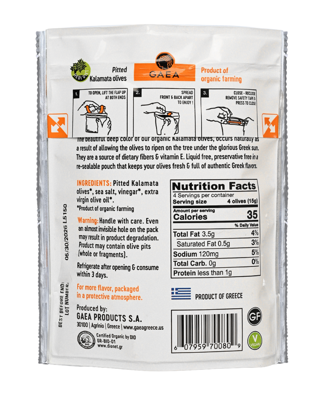 GAEA Organic Olive Snack with pitted Kalamata olives 2.3oz