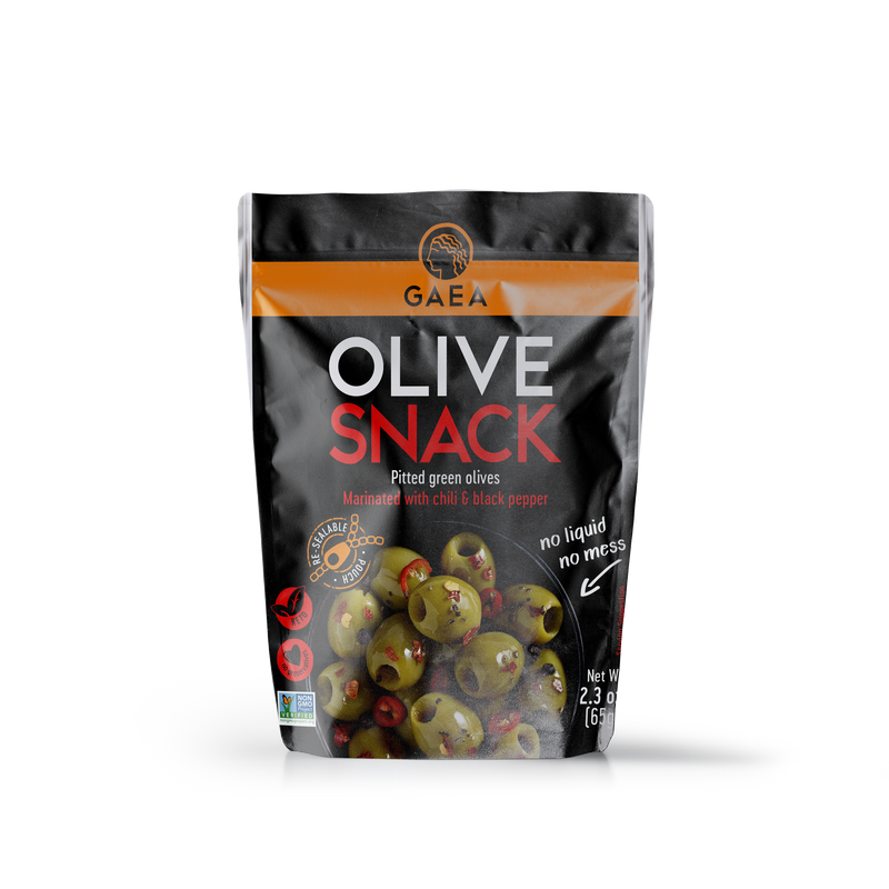 GAEA Green Olives Marinated with Chili & Pepper snack 2.3oz (Case of 8)