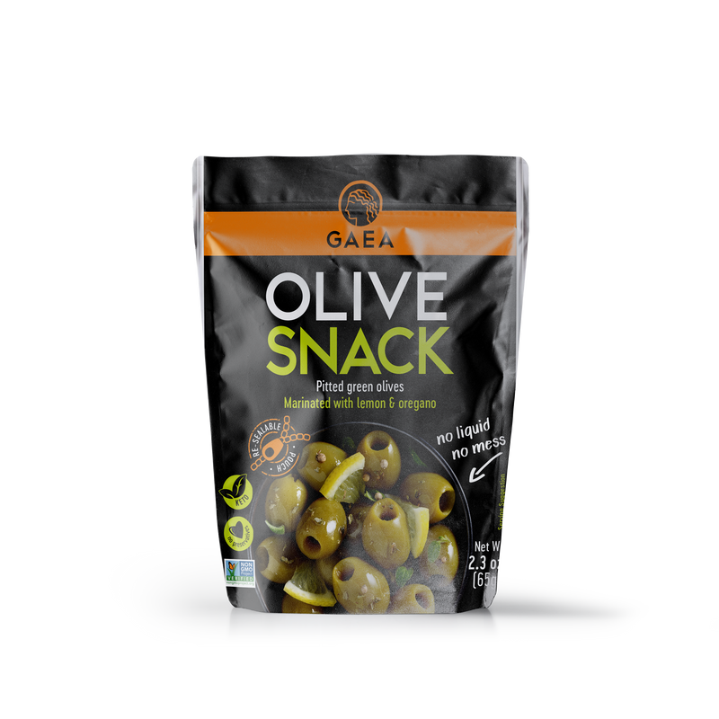 GAEA Pitted Greek Olives Marinated with Lemon & Oregano snack 2.3oz (Case of 8)