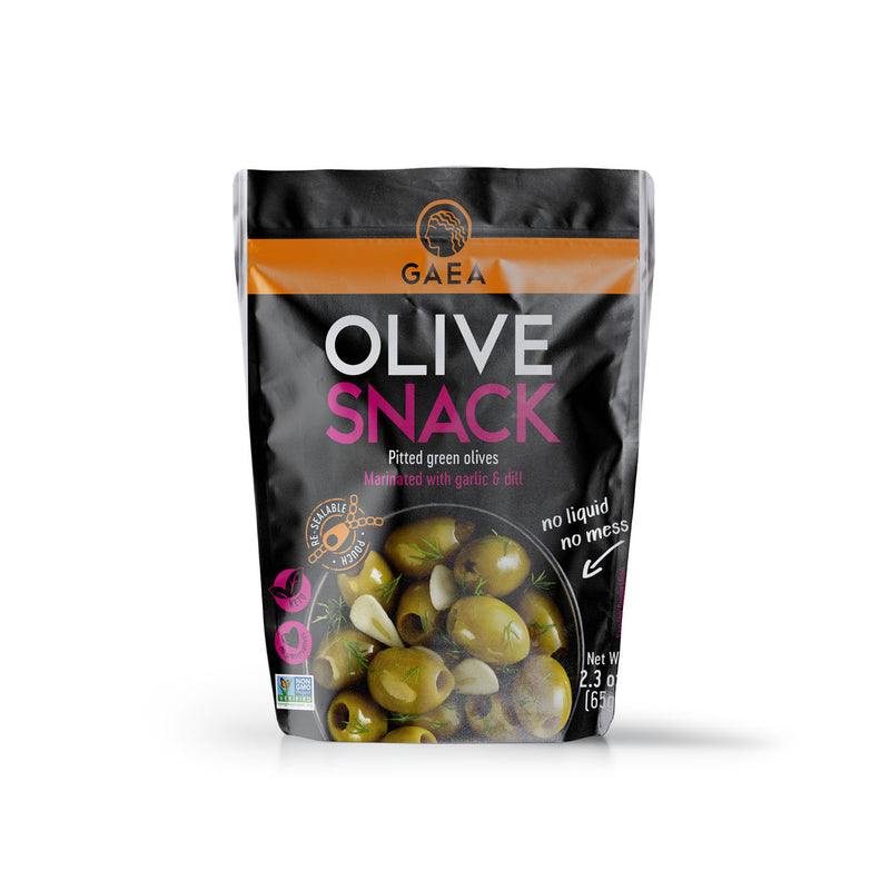 GAEA Pitted Green Olives Marinated with Garlic and Dill - 2.3 Oz